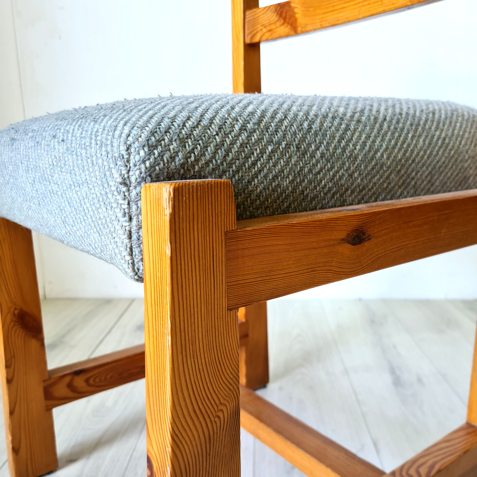 Modernist solid pine chairs with wool fabric seats, 1960s