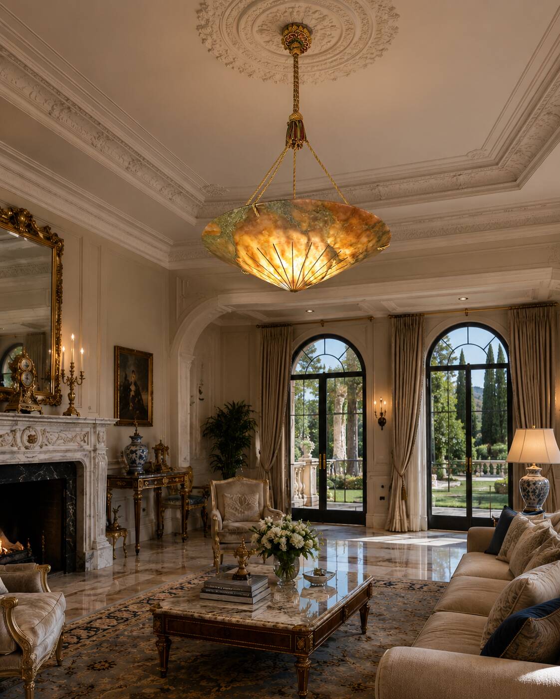 Extra Large Antique Art Decò Liberty Alabaster Chandelier, 1940s