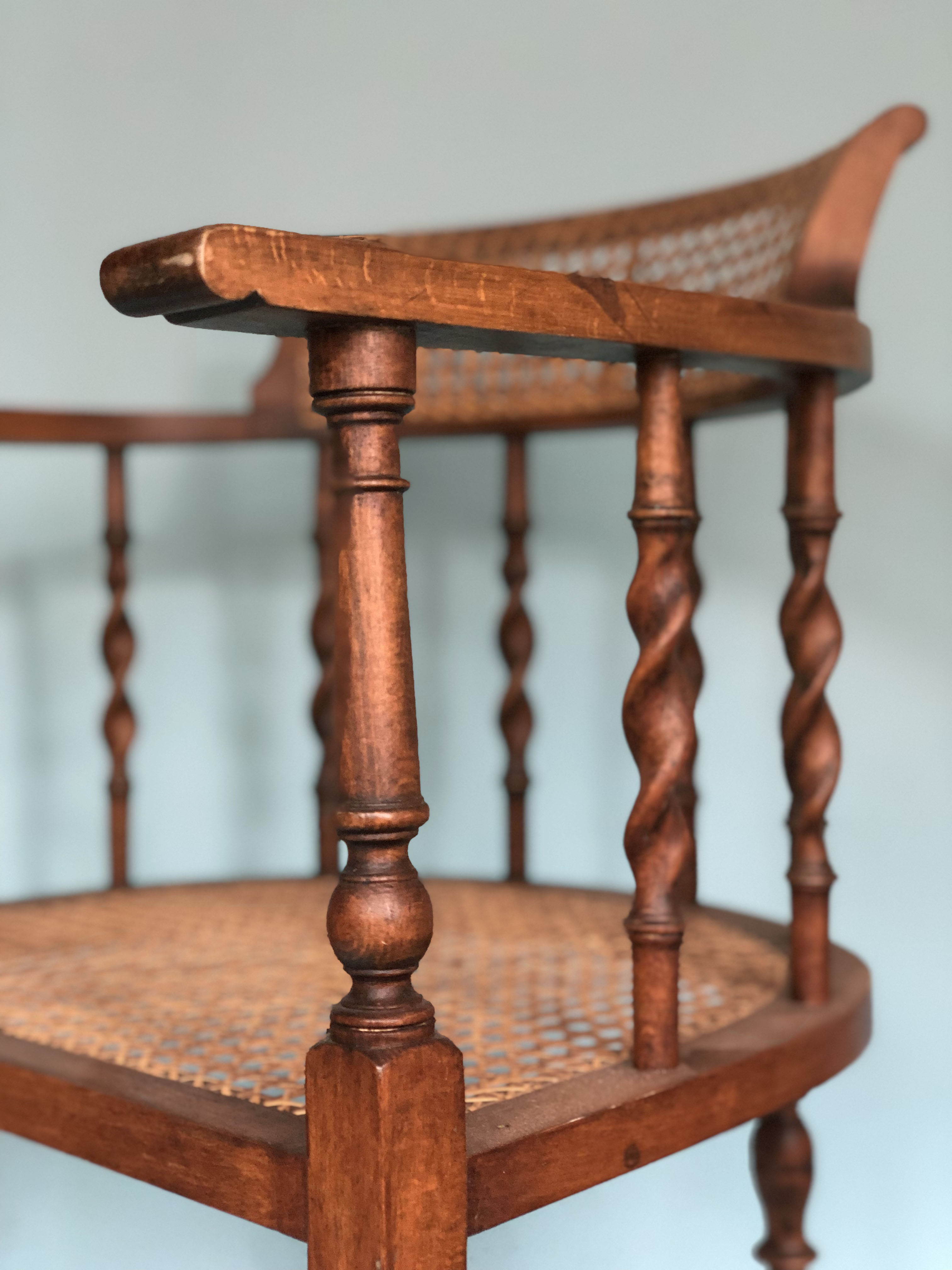 Edwardian barley twist corner chair with cane early 20th century