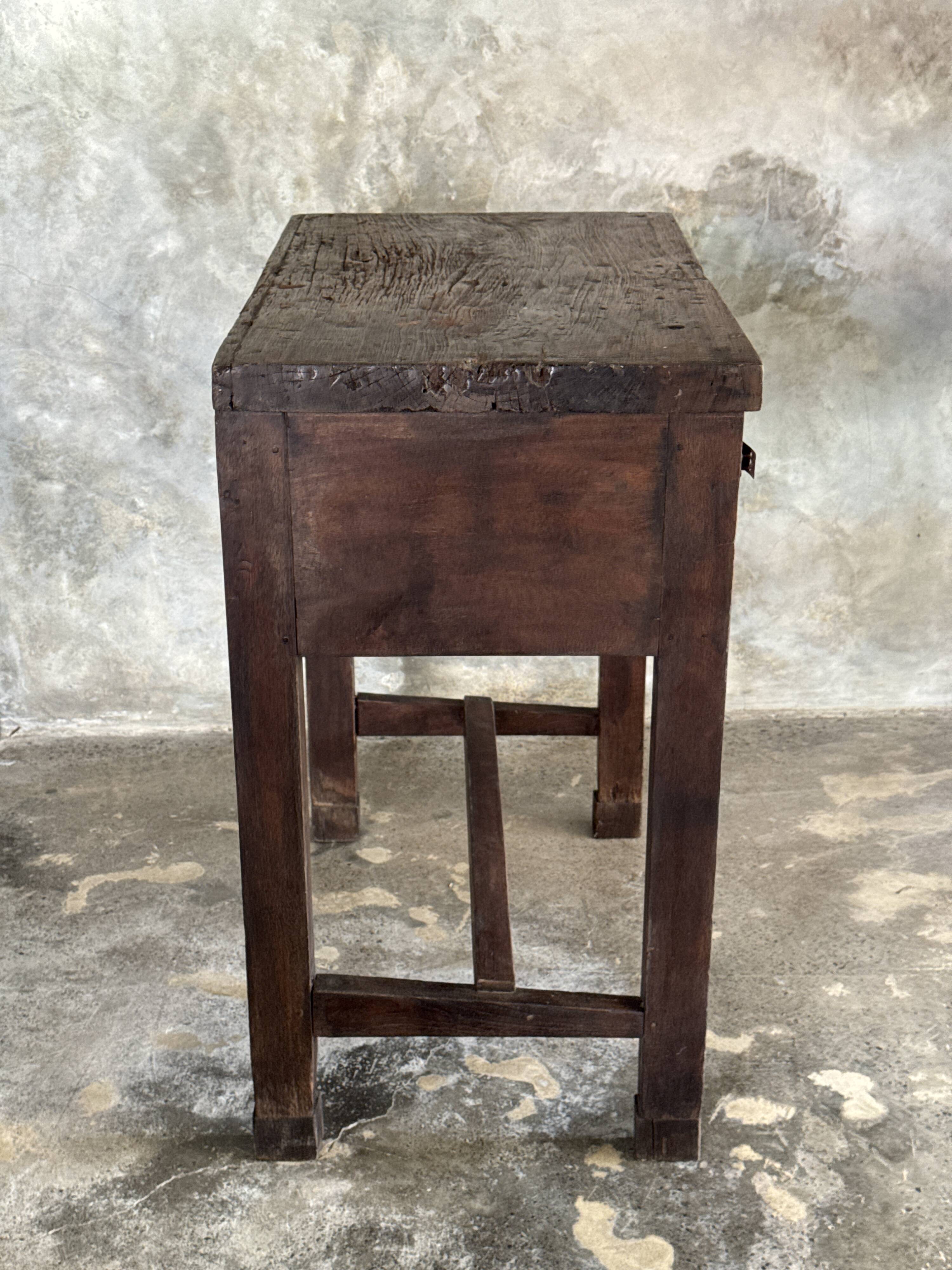 Antique Indonesian teak workbench with two drawers and stretcher H89.
