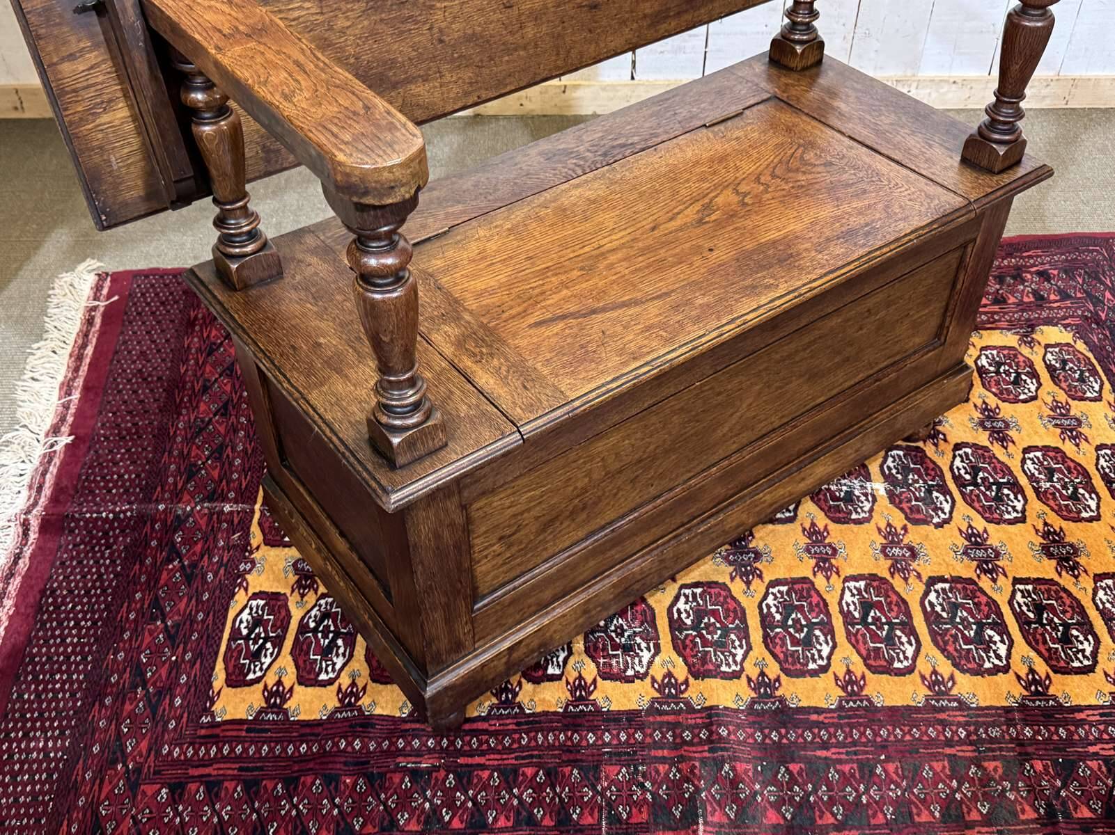 English oak bank safe from the 1930s that can serve as a console.