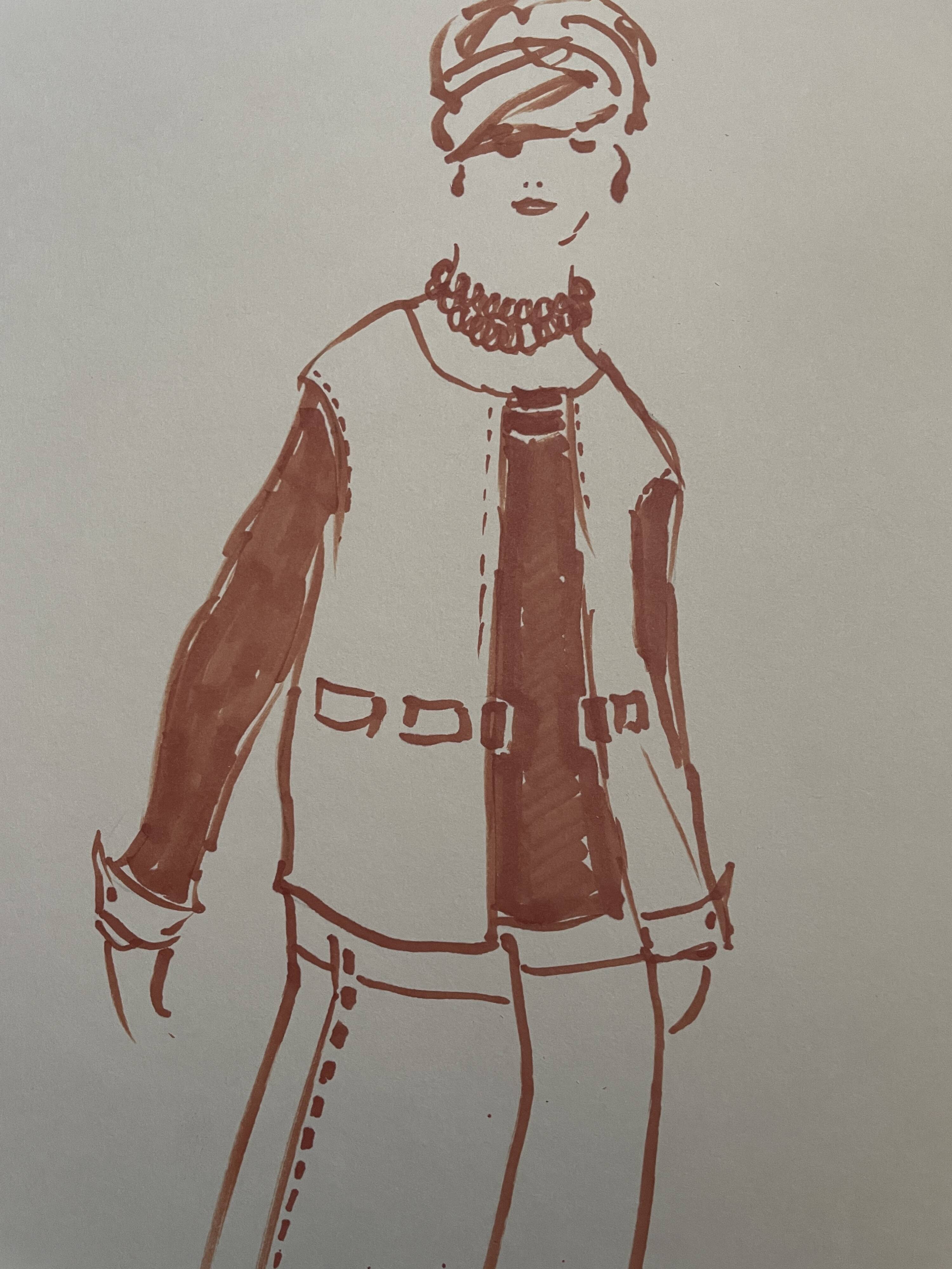 Painting signed in ink fashion engraving "study of a model of a woman's sleeveless vest"