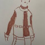 Painting signed in ink fashion engraving "study of a model of a woman's sleeveless vest"