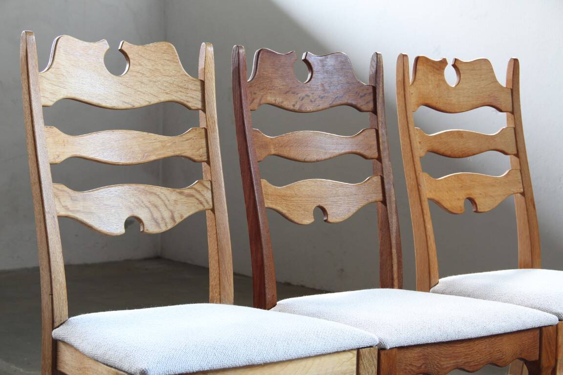 Set of 6 vintage Danish oak razorblade highback chairs by H. Kjærnulf, 1960s