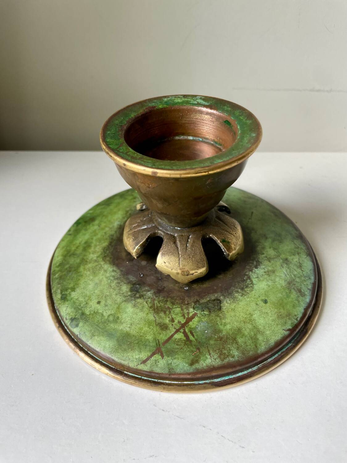 Scandinavian ART DECO candle holder in Bronze with verdigris patina
