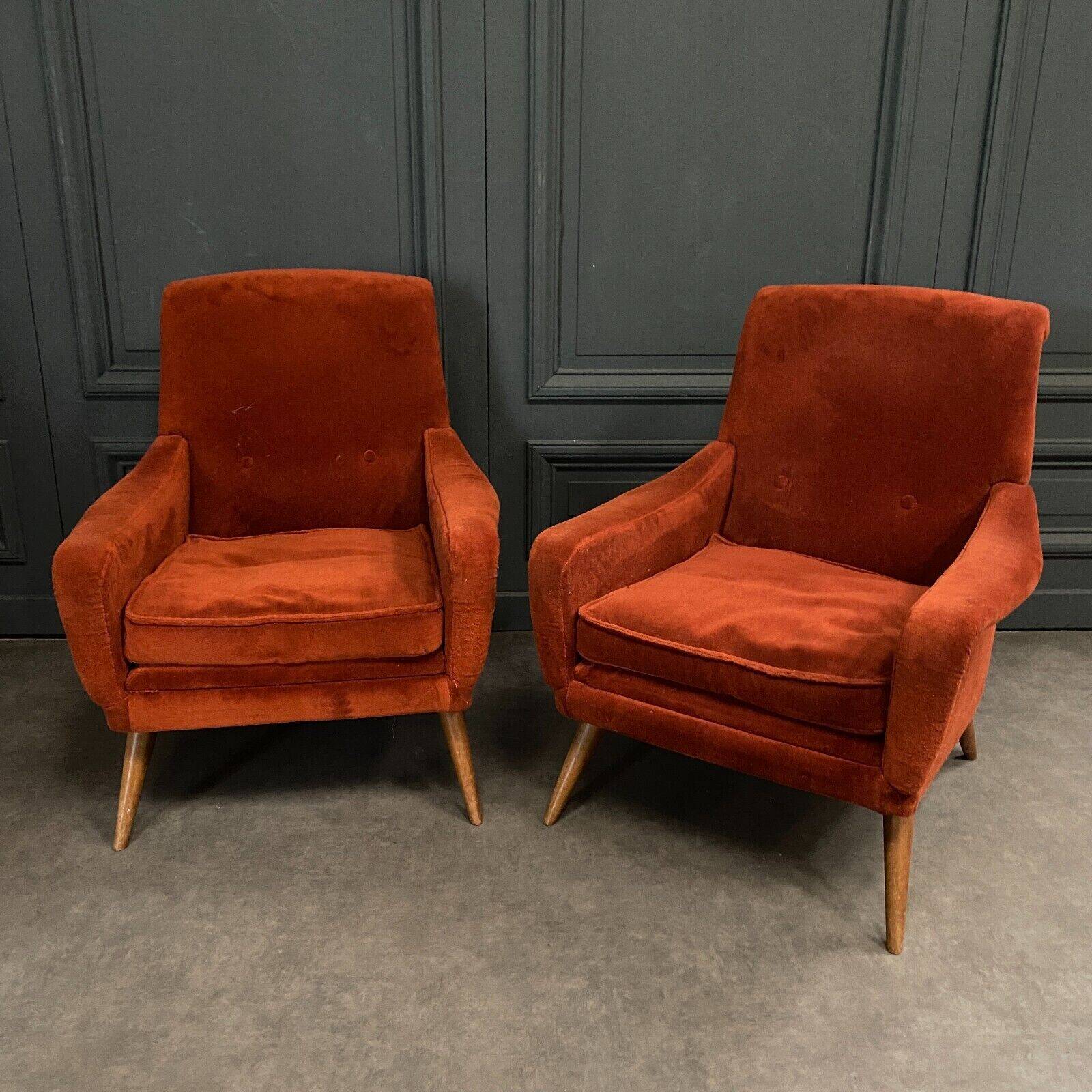 Pair of Scandinavian work armchairs from the 60s in velvet and compass legs