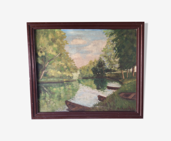 Huile sur toile signée S.Chapchal au bord de la rivière