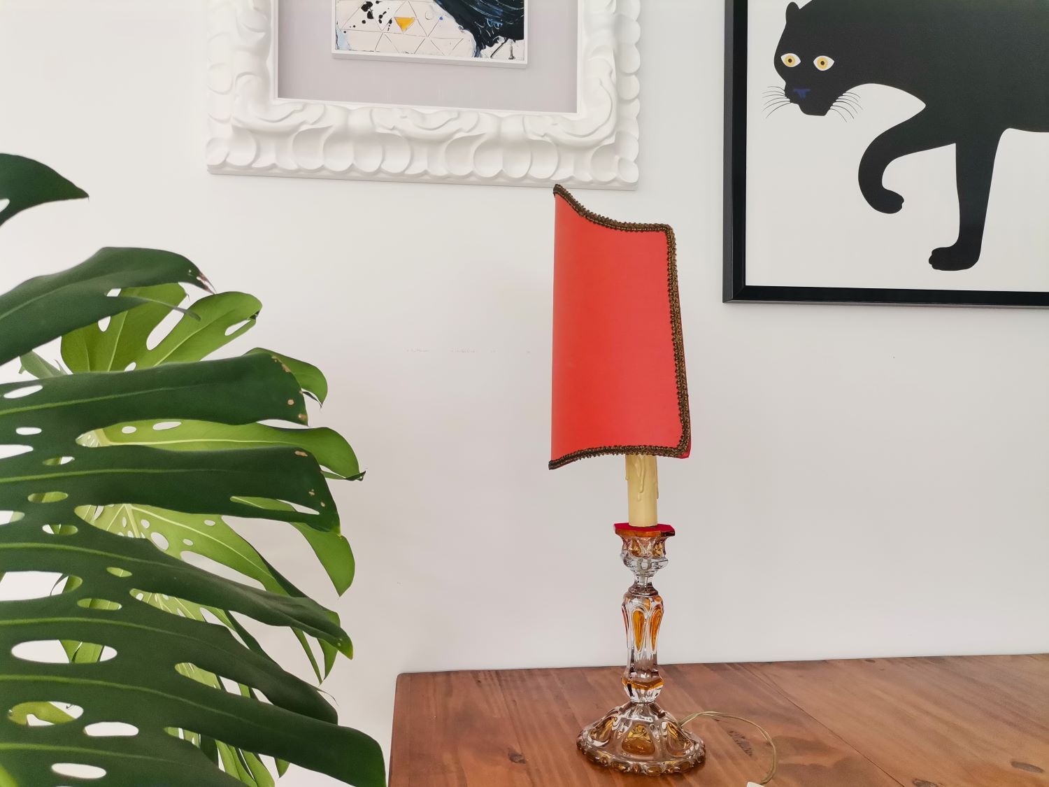 French Art Nouveau Crystal Red Silk Half Shade Table Lamp, 1940s