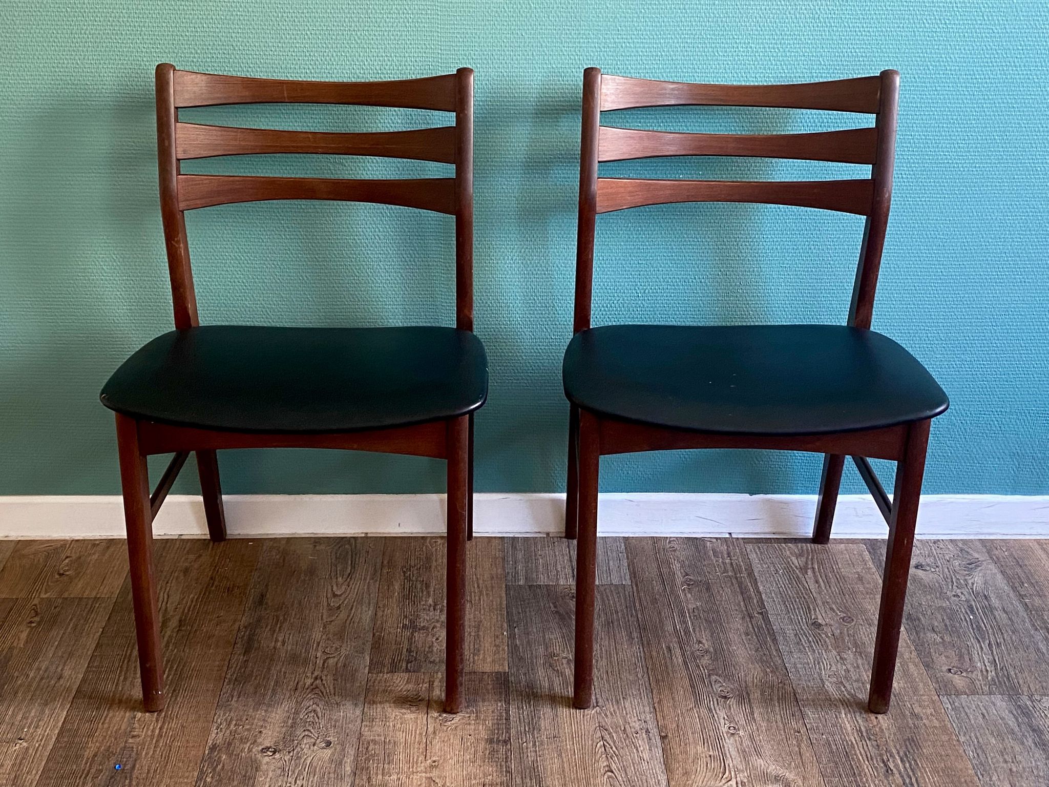 Pair of beech chairs with black skai trim Faldsled, Denmark 1970