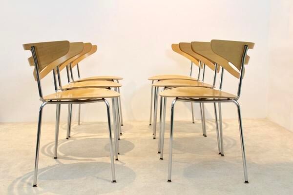 Chaises de salle à manger Thonet empilables en chrome et hêtre