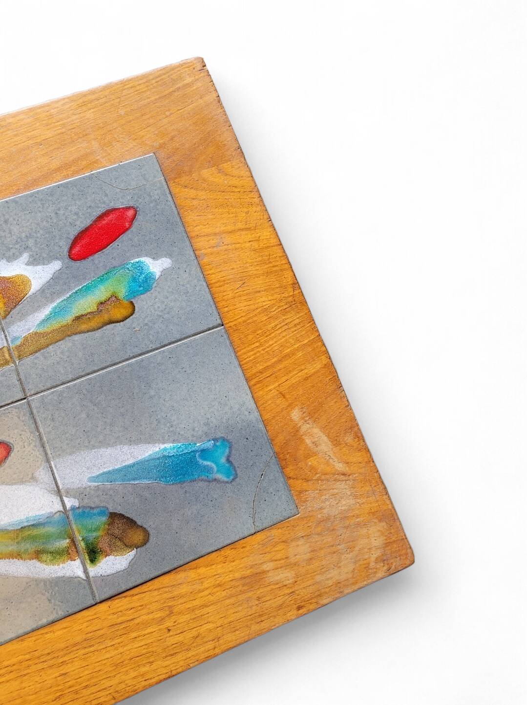 Vintage 70s design coffee table, wooden and ceramic top with aluminium legs.