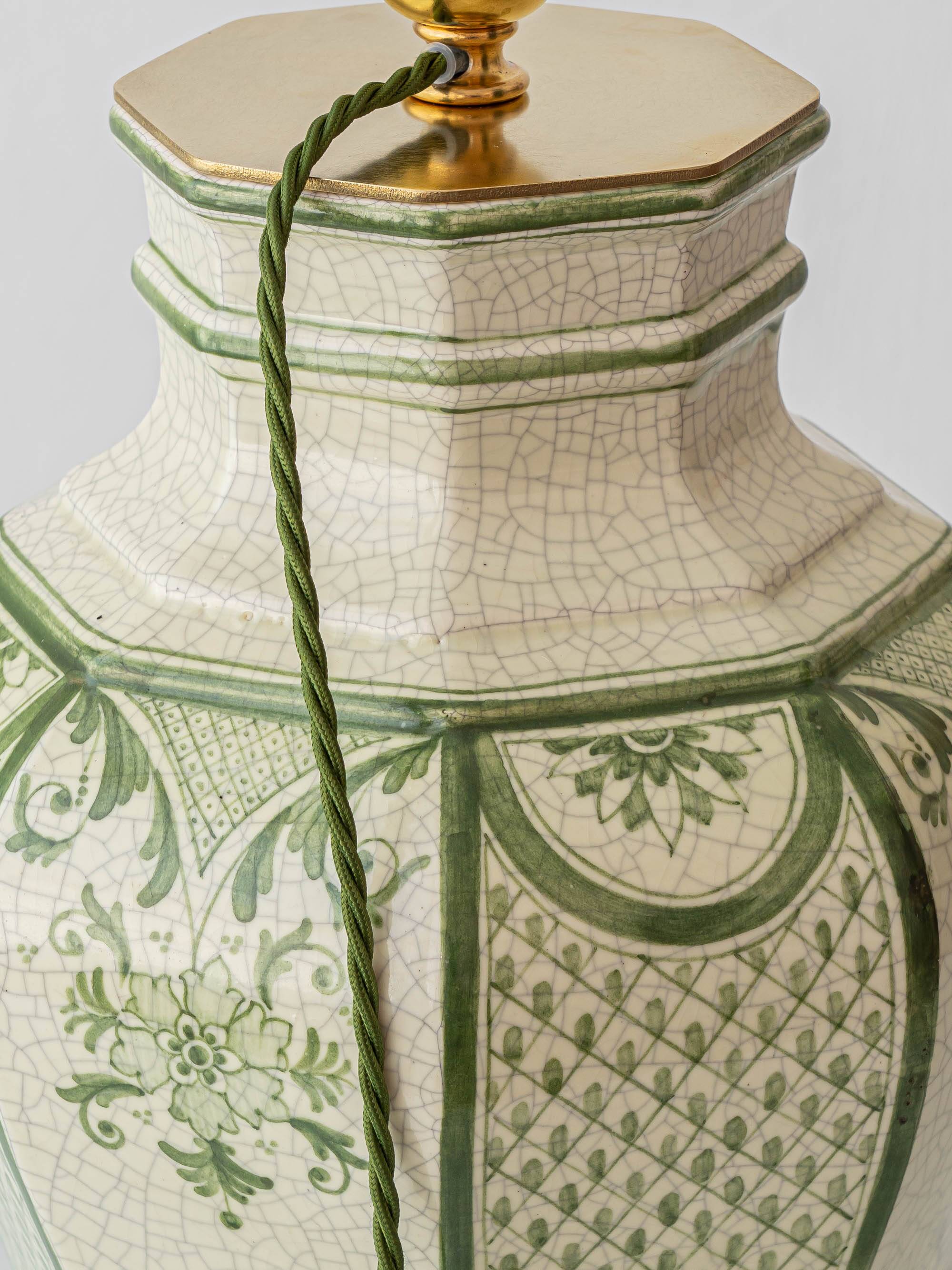 Spanish Revival Table Lamp in Green Ivory Crackle Ceramic, New Linen Shade