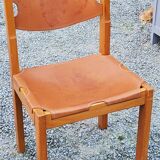 Pair of brutalist chairs in elm and stretched leather with saddle stitching Self publisher
