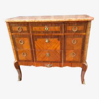 Chest of drawers old marquetry marble top Louis XVI style