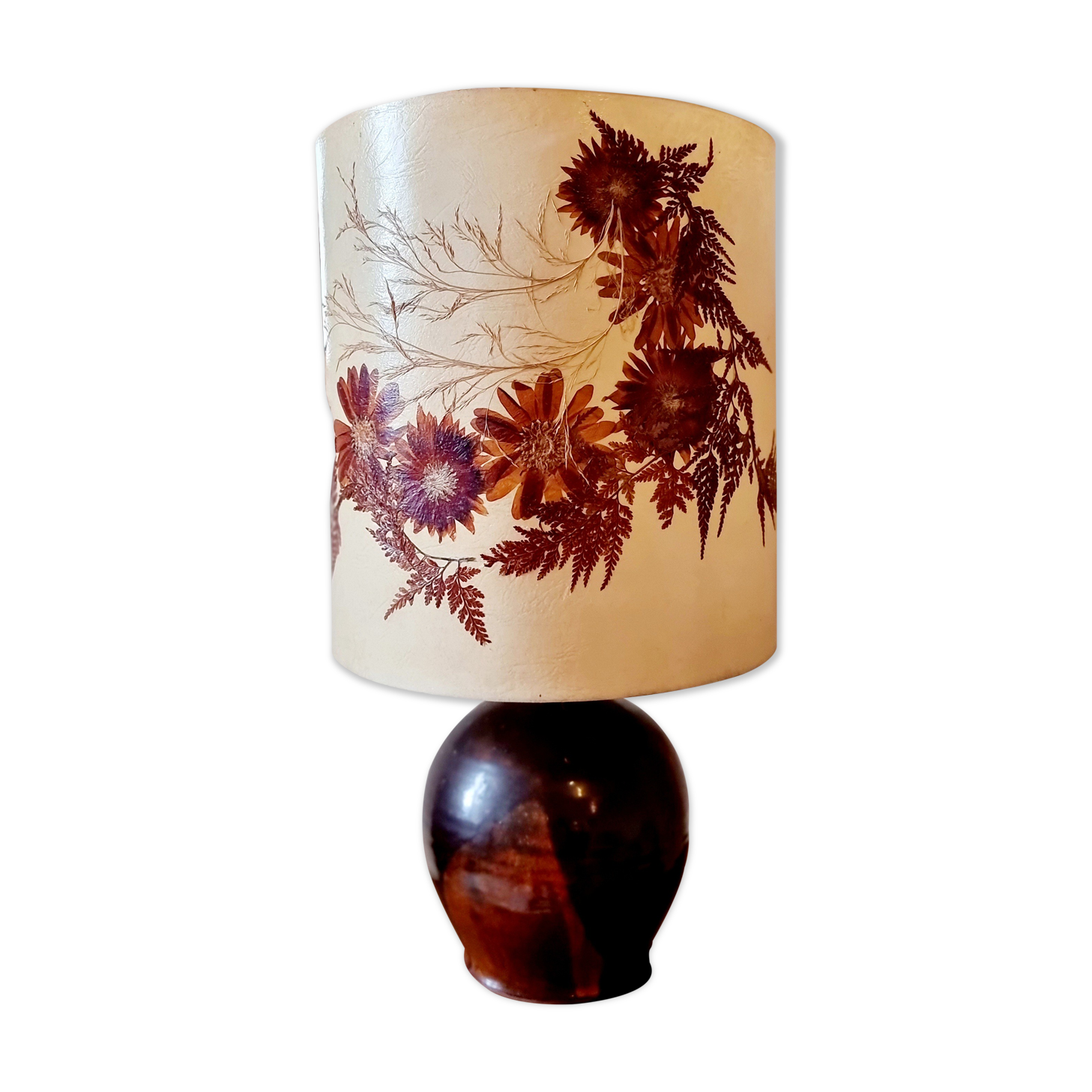 Lampe vintage, abat-jour herbier pied en grès marron
