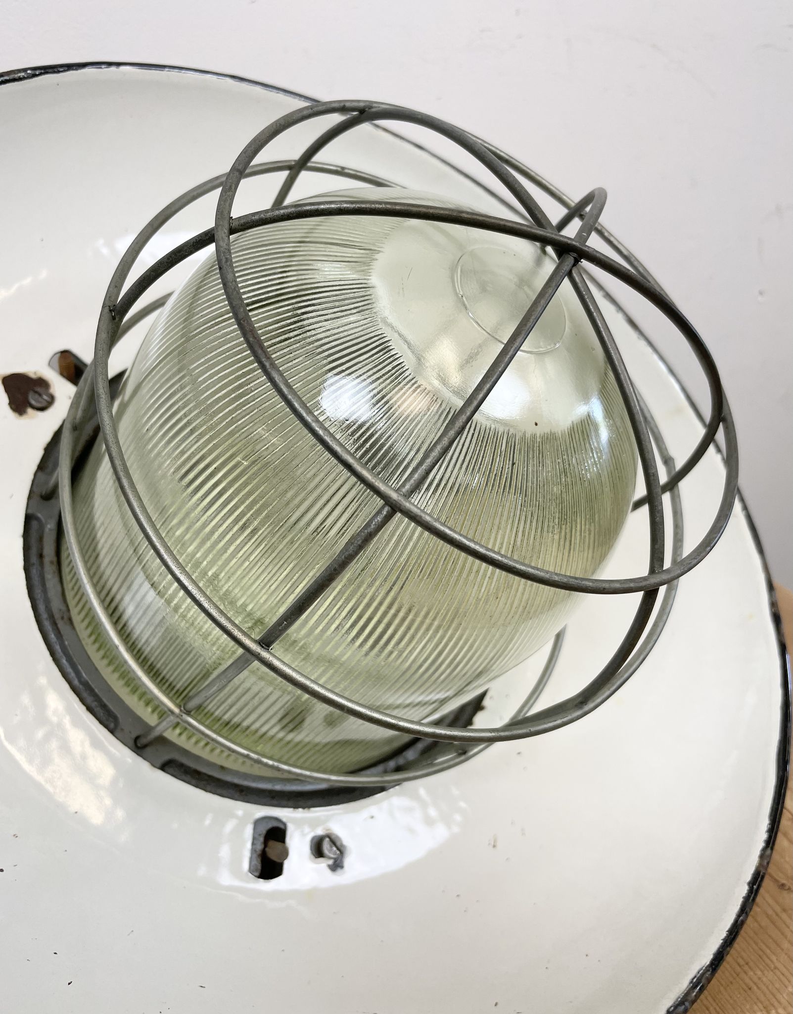 Industrial Grey Enamel Factory Cage Pendant Lamp in Cast Iron from Zaos, 1960s