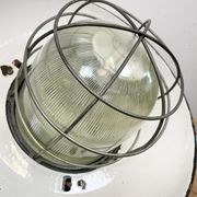 Industrial Grey Enamel Factory Cage Pendant Lamp in Cast Iron from Zaos, 1960s