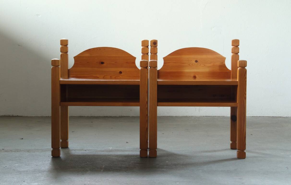 Pair of vintage chunky solid pine bedside tables, Denmark, 1970s