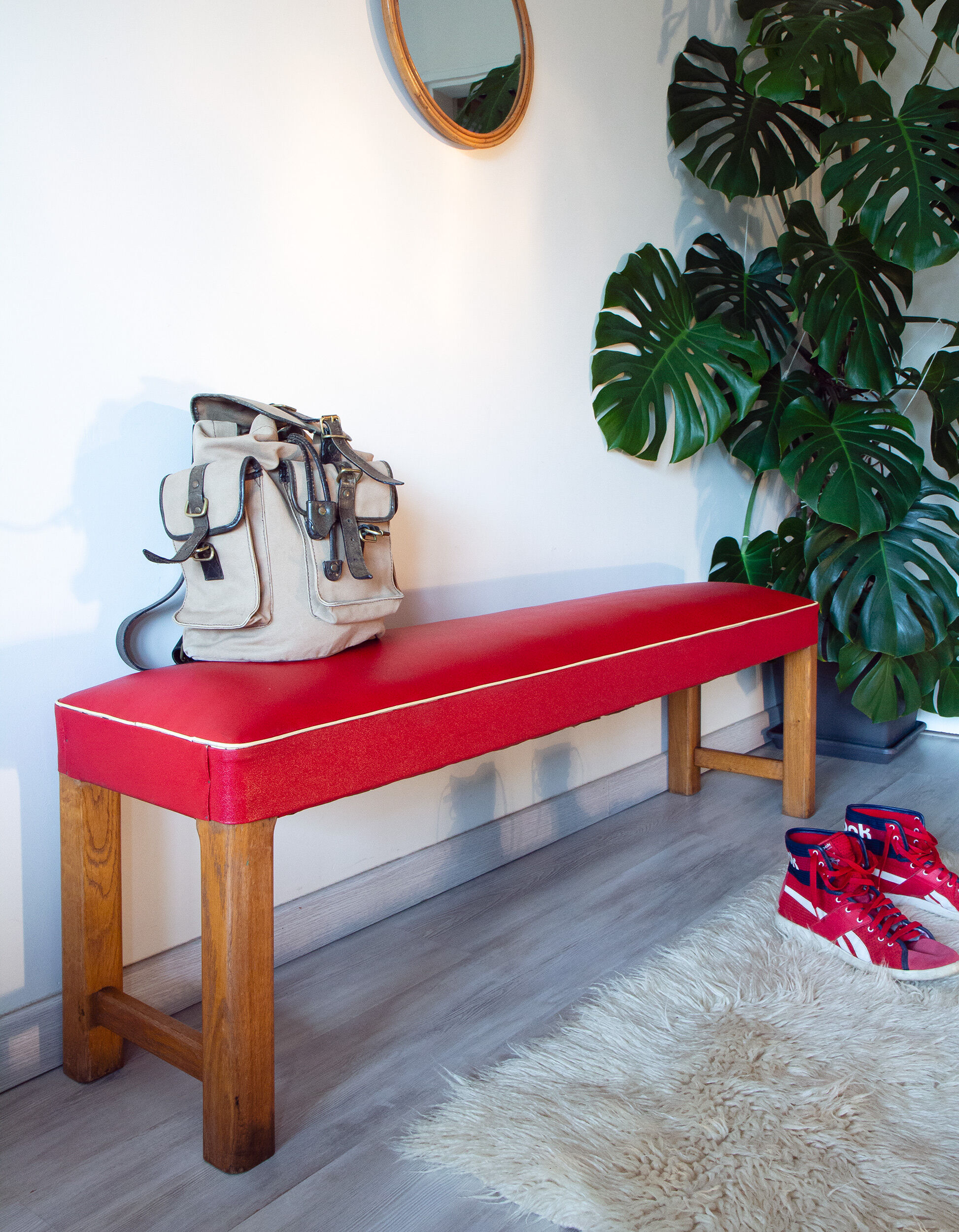 50s bench, wood and vinyl