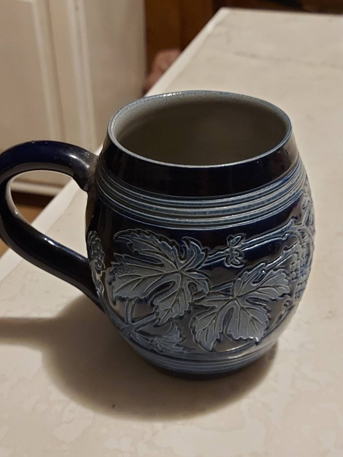 Vintage mug or tankard in Alsace blue enamel, numbered and signed Betschdorf