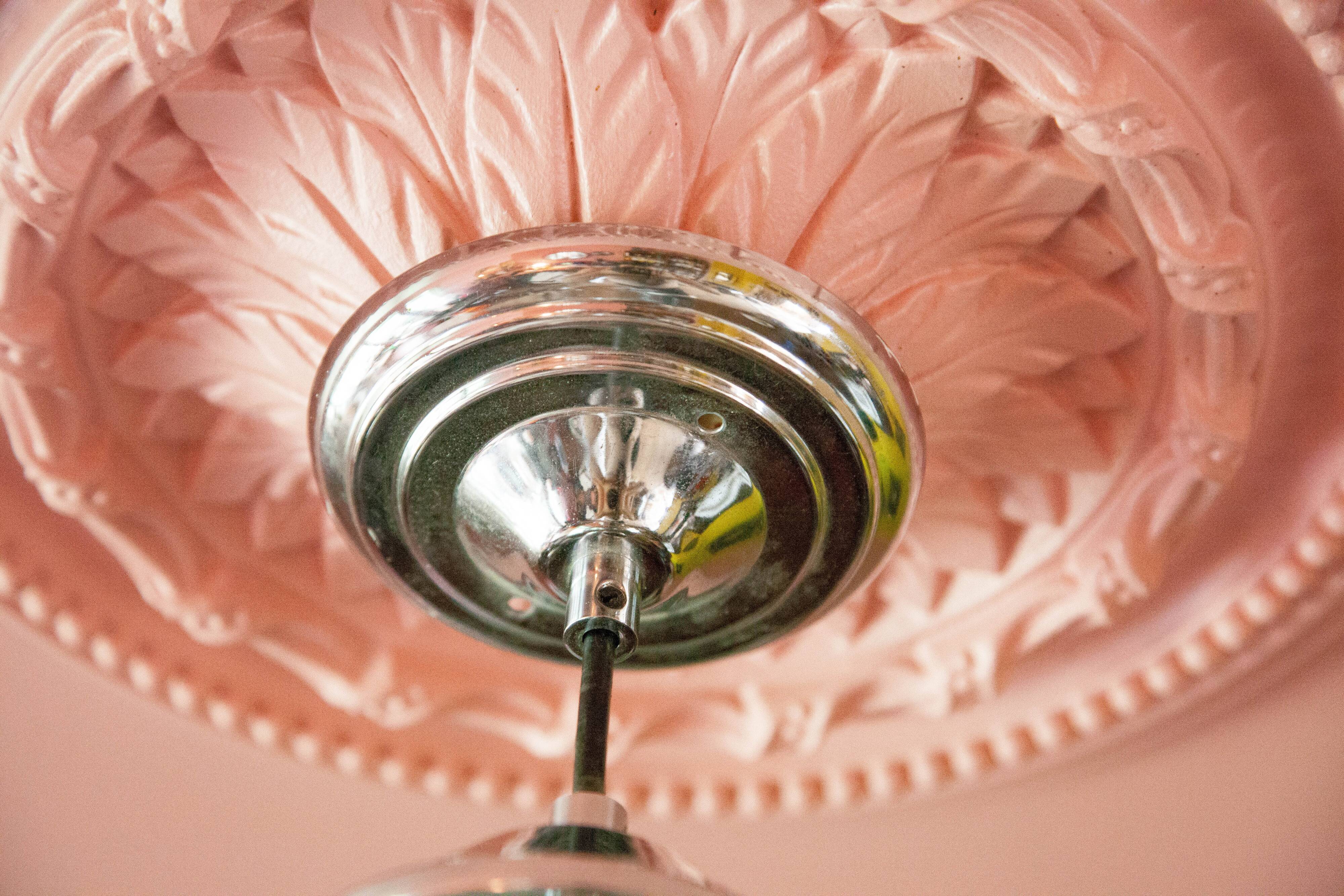 Vintage pendant lamp, Cylindrical glass suspension and chromed metal, ceiling lamp