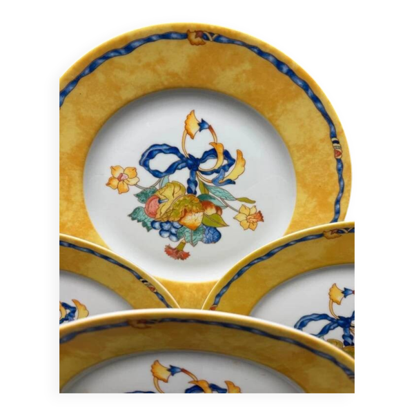 6 assiettes Bernardaud Limoges Borghese décor jaune fruits et ruban bleu