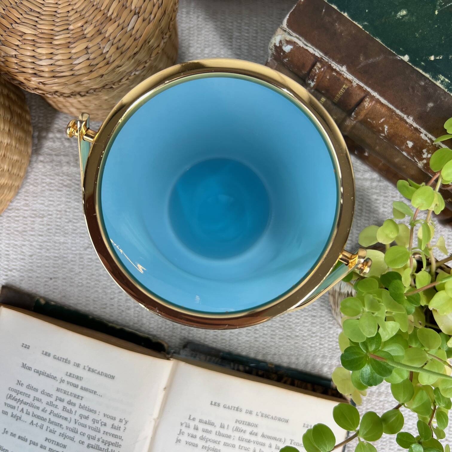 Vintage ice bucket in blue opaline and gold metal