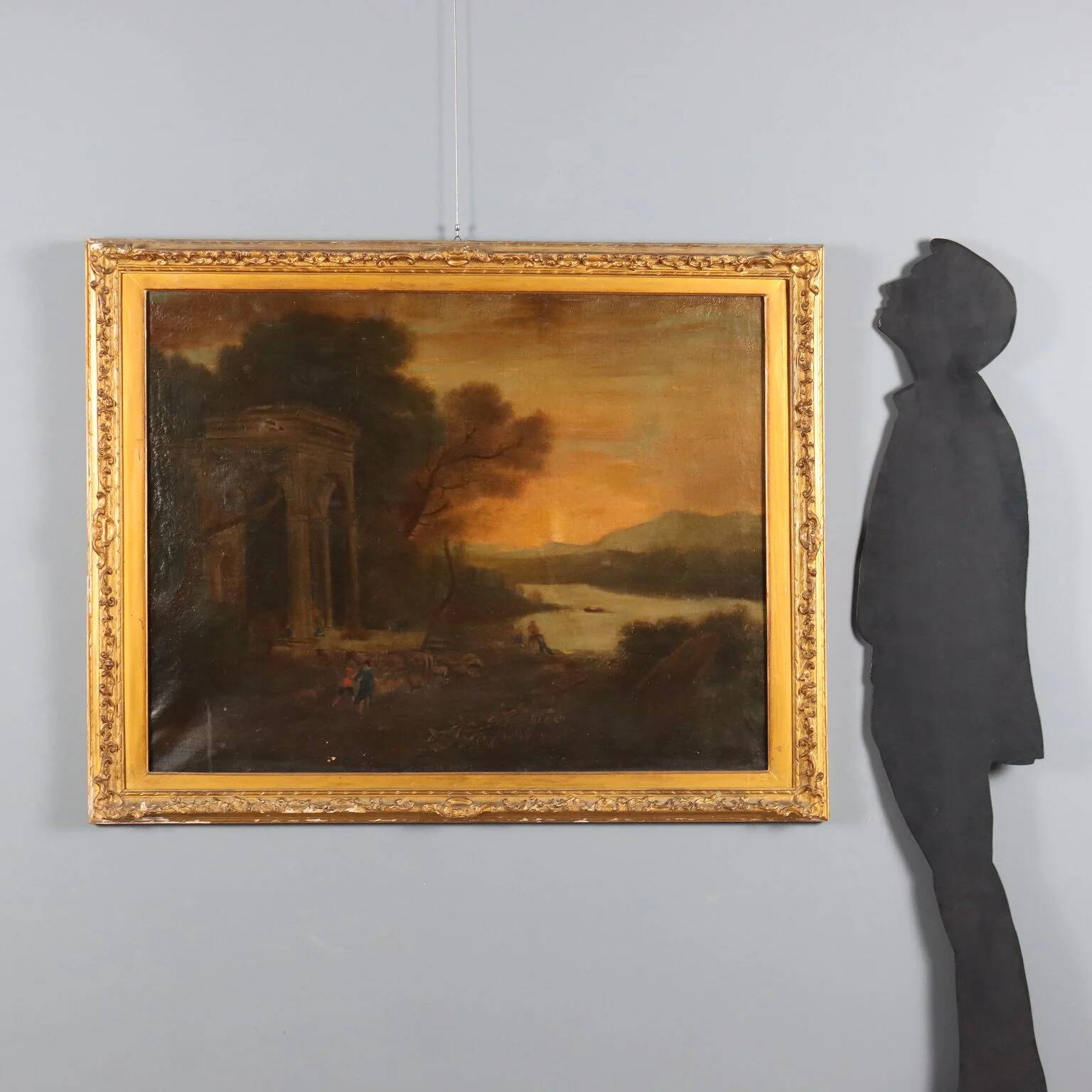 Ancient landscape painting with architecture, oil on canvas, 18th century.