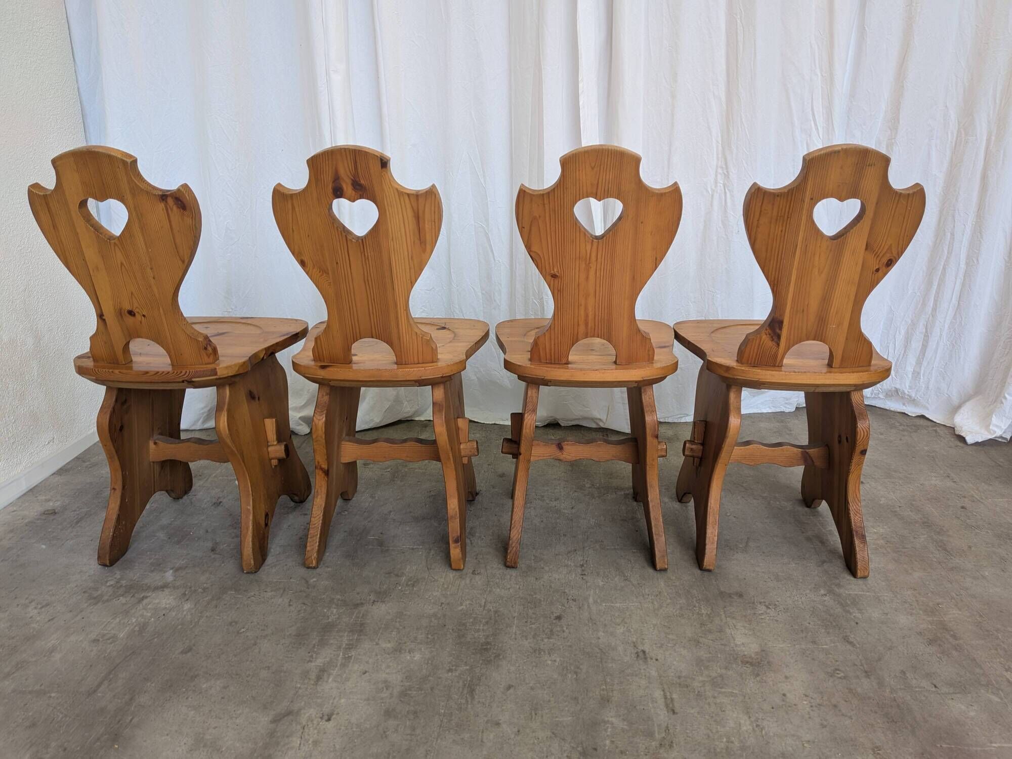 Vintage Alpine Wooden Chairs (Set of 4) Heart Cut-Out
