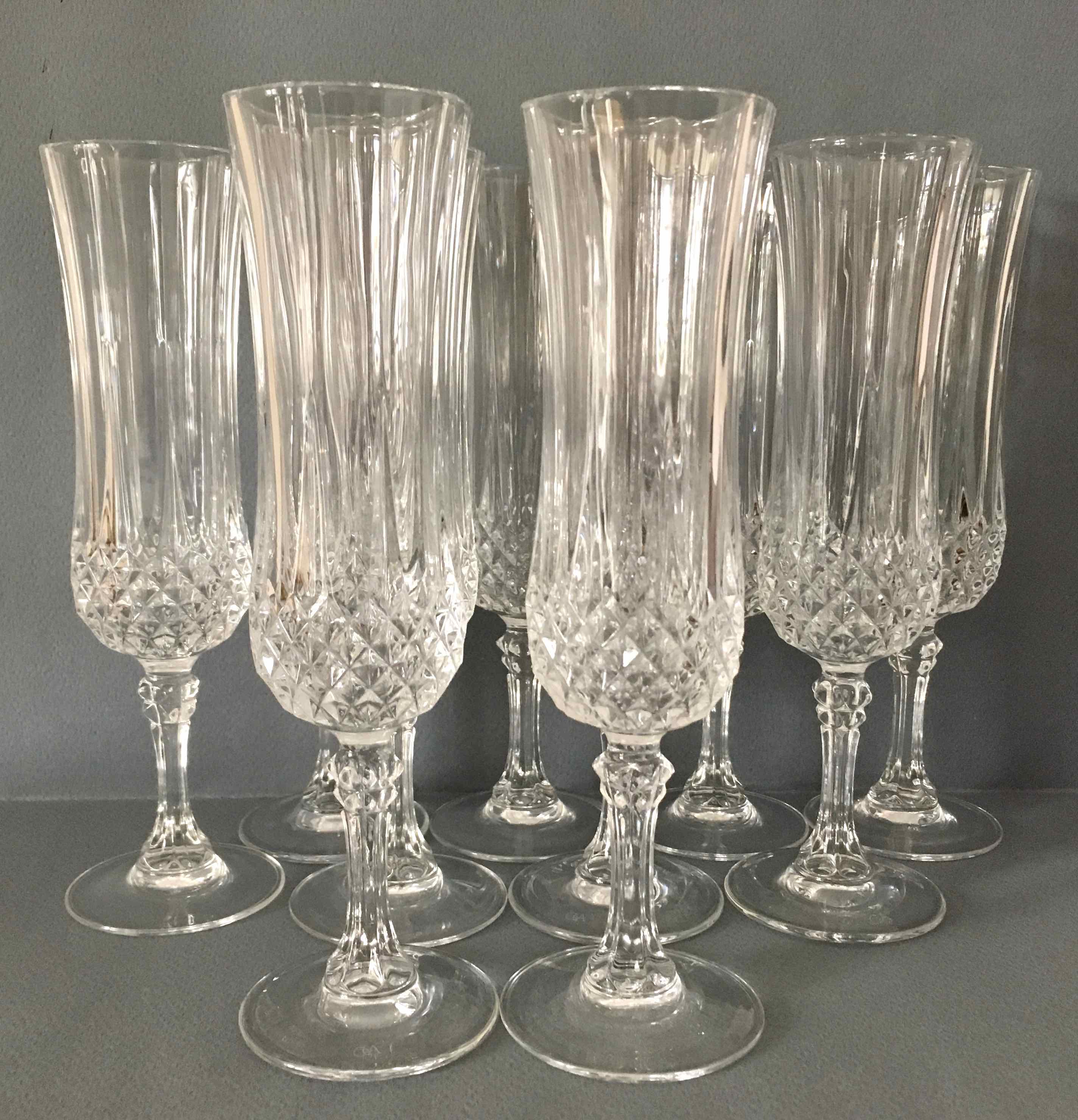 Set of 10 crystalline champagne flutes cut