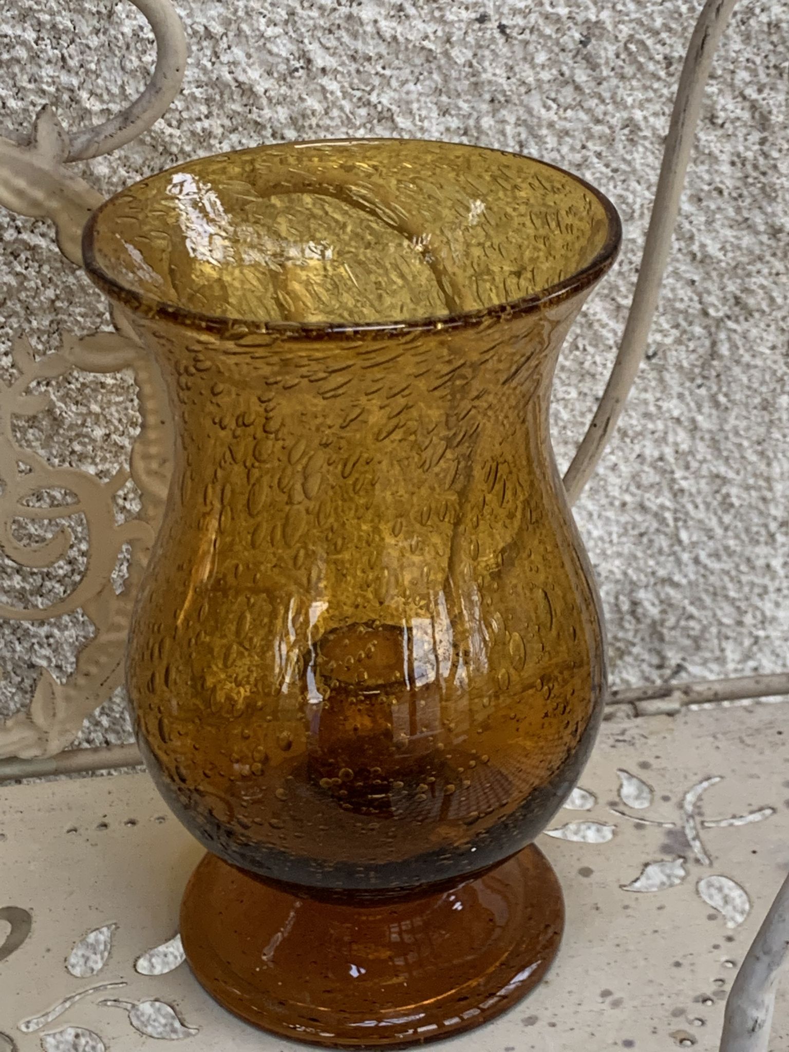 Photophore in bubble glass and hand-blown golden yellow signed vintage biot