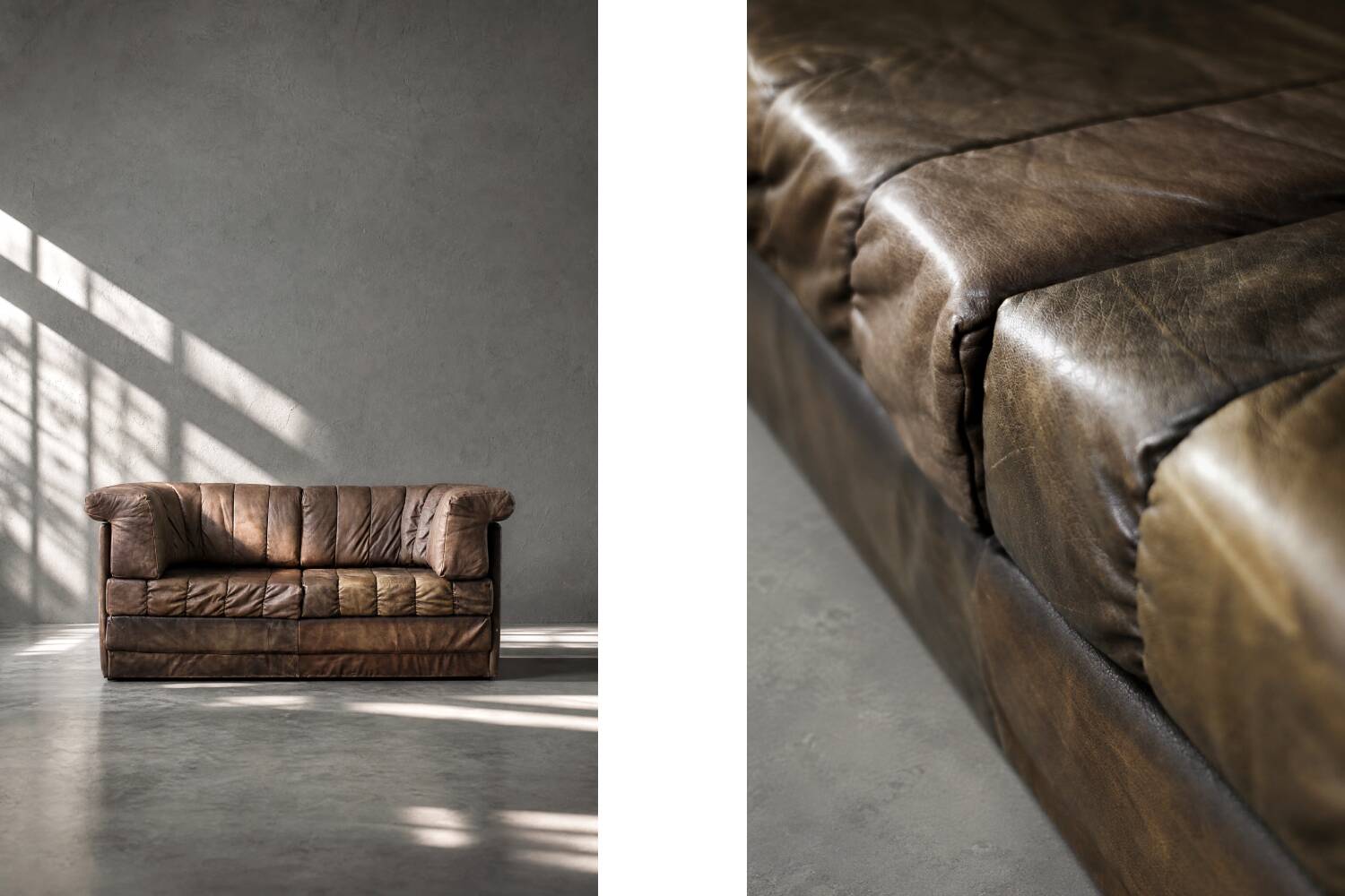 Vintage Mid-Century Modern German Brutalist Brown Leather 2-Seater Sofa