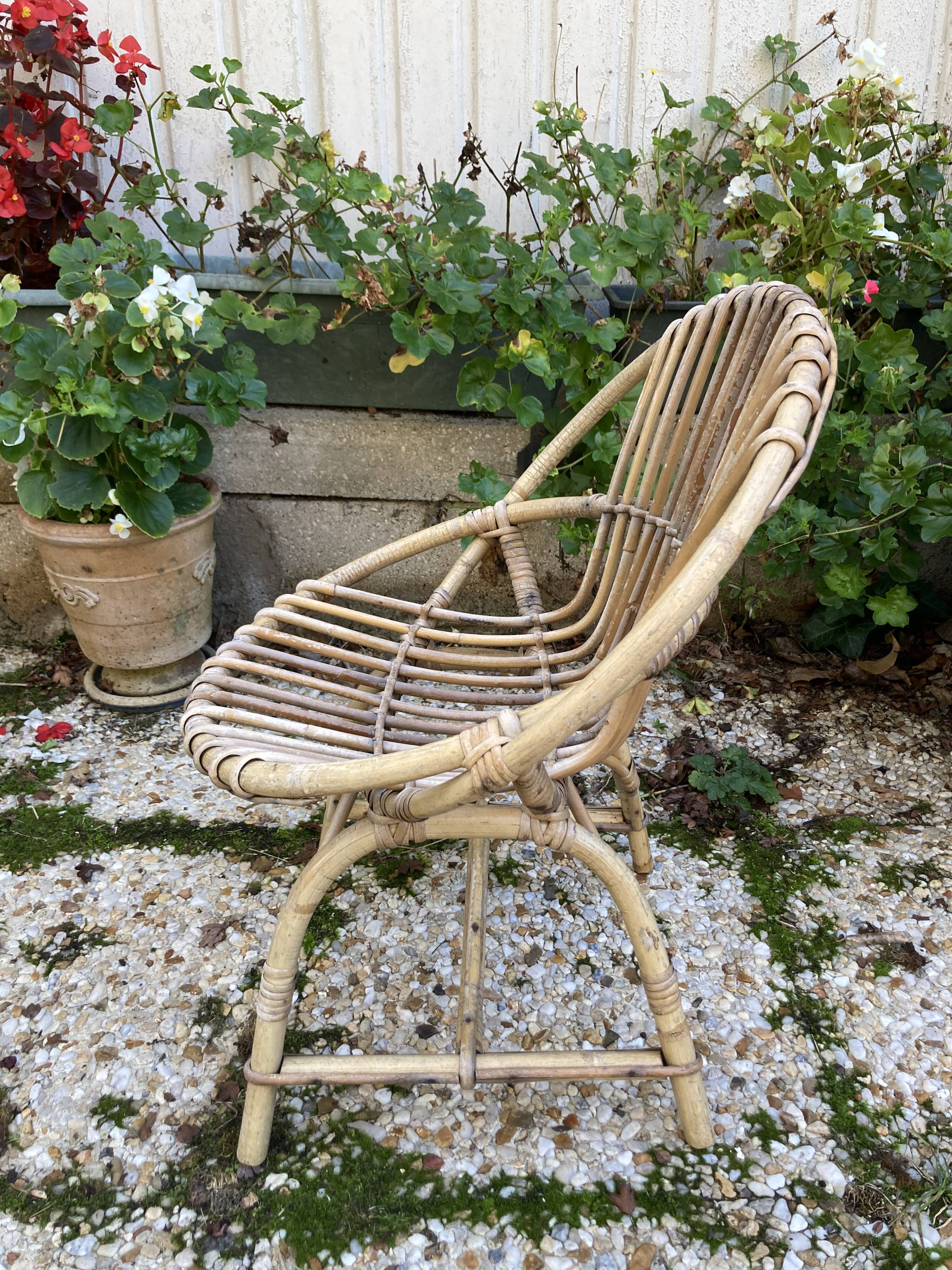 Set of 3 vintage rattan armchairs