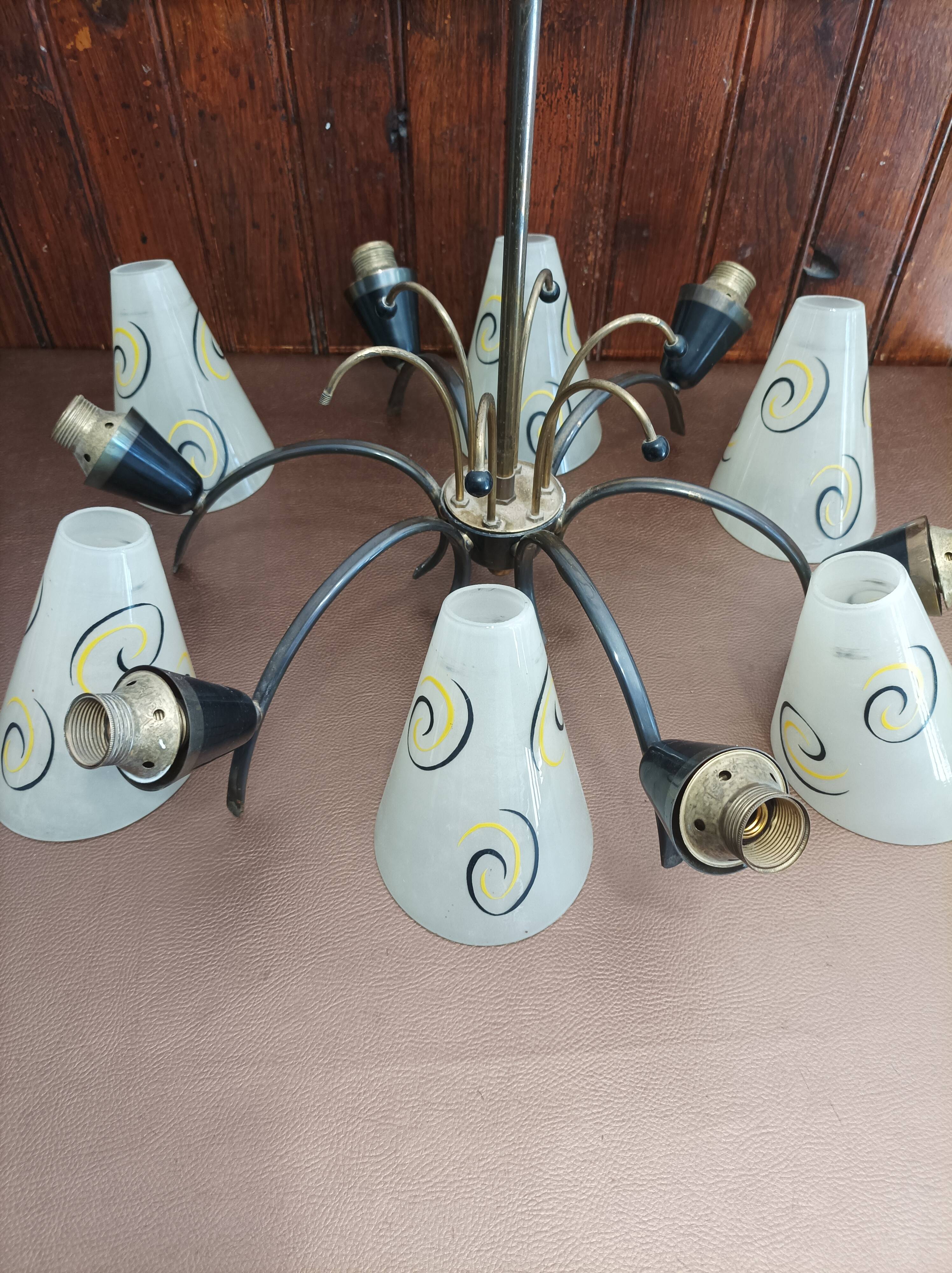 Hanging lamp 6 branches tulips vintage glass 50/60