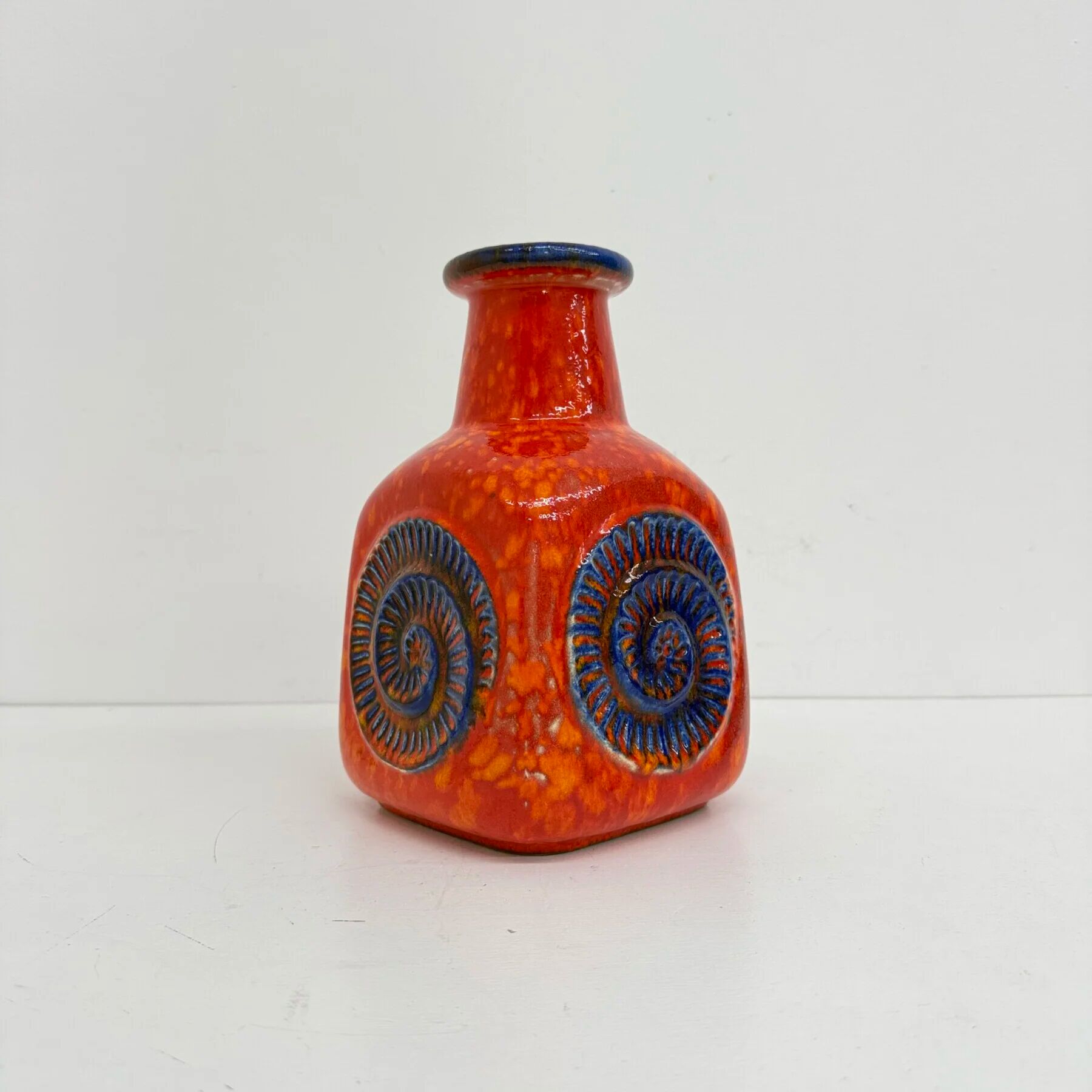 Scheurich West Germany Bay ceramic vase orange with blue fossils, 1970s