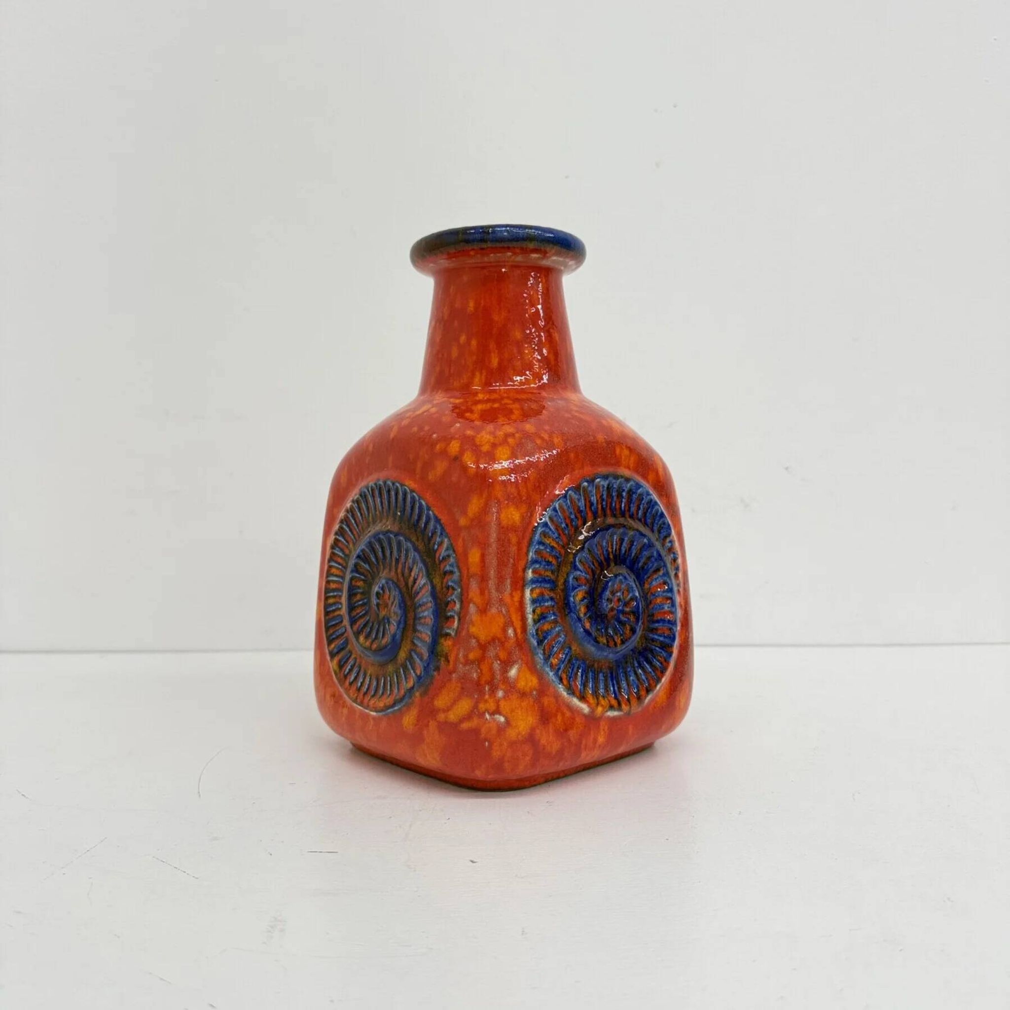 Scheurich West Germany Bay ceramic vase orange with blue fossils, 1970s