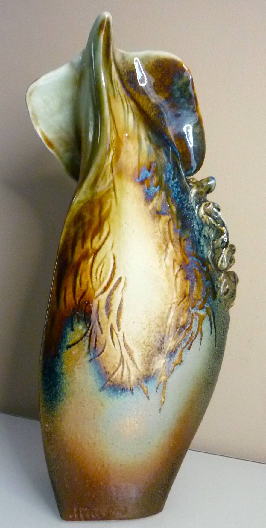Glazed ceramic vase, unique piece, signed D. Prioton, shell neck