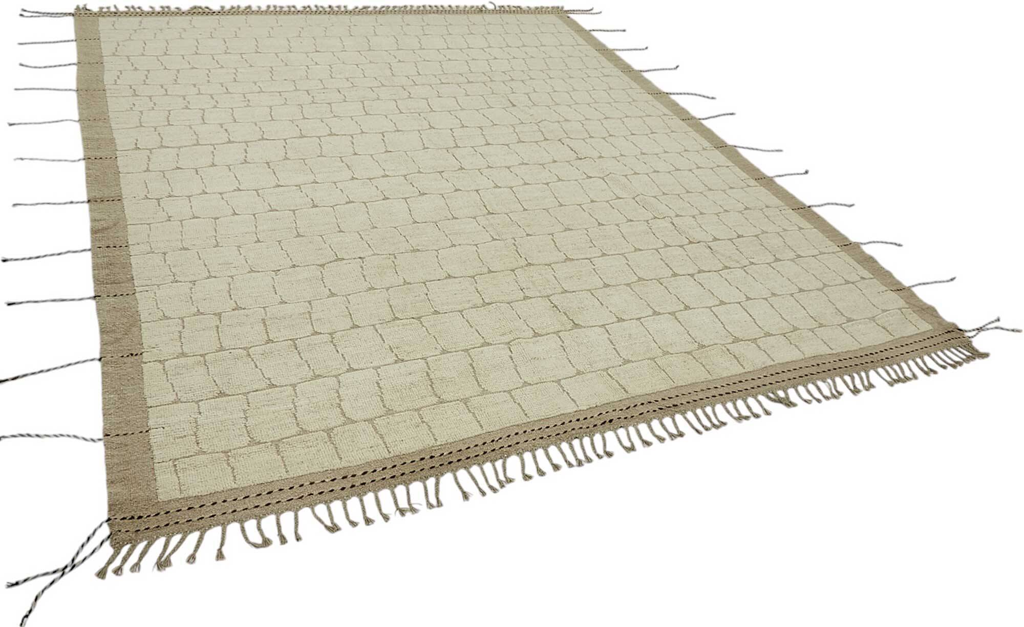 Tapis tribal tissé à la main, pièce unique, 249 cm x 312 cm, en laine beige.