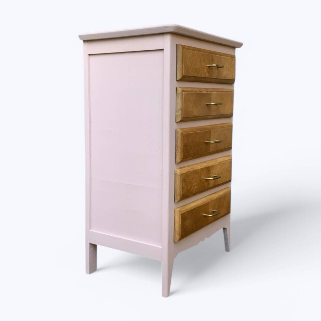 Vintage powder pink compass leg chest of drawers from the 1950s