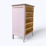 Vintage powder pink compass leg chest of drawers from the 1950s