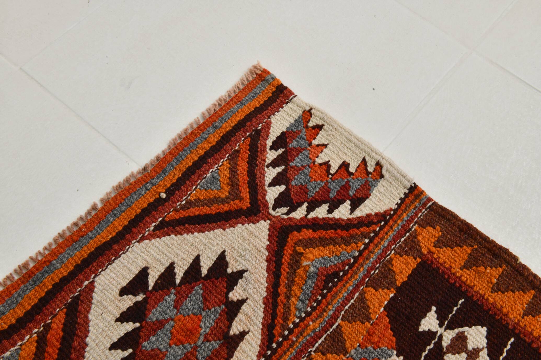Orange & Brown Vintage Kilim Runner Rug, Oriental Pattern Hallway Carpet