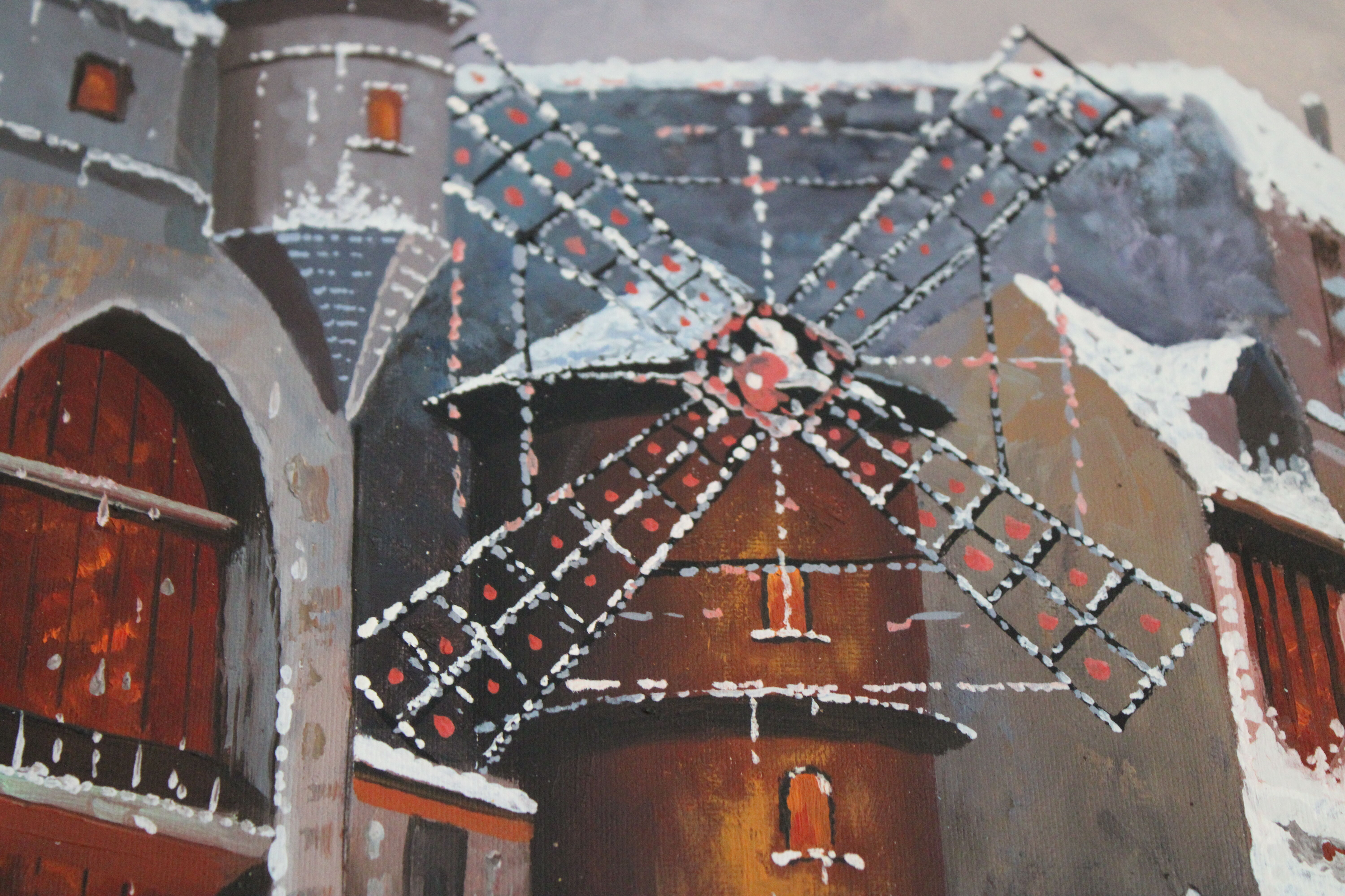 Painting signed the Moulin Rouge under the snow