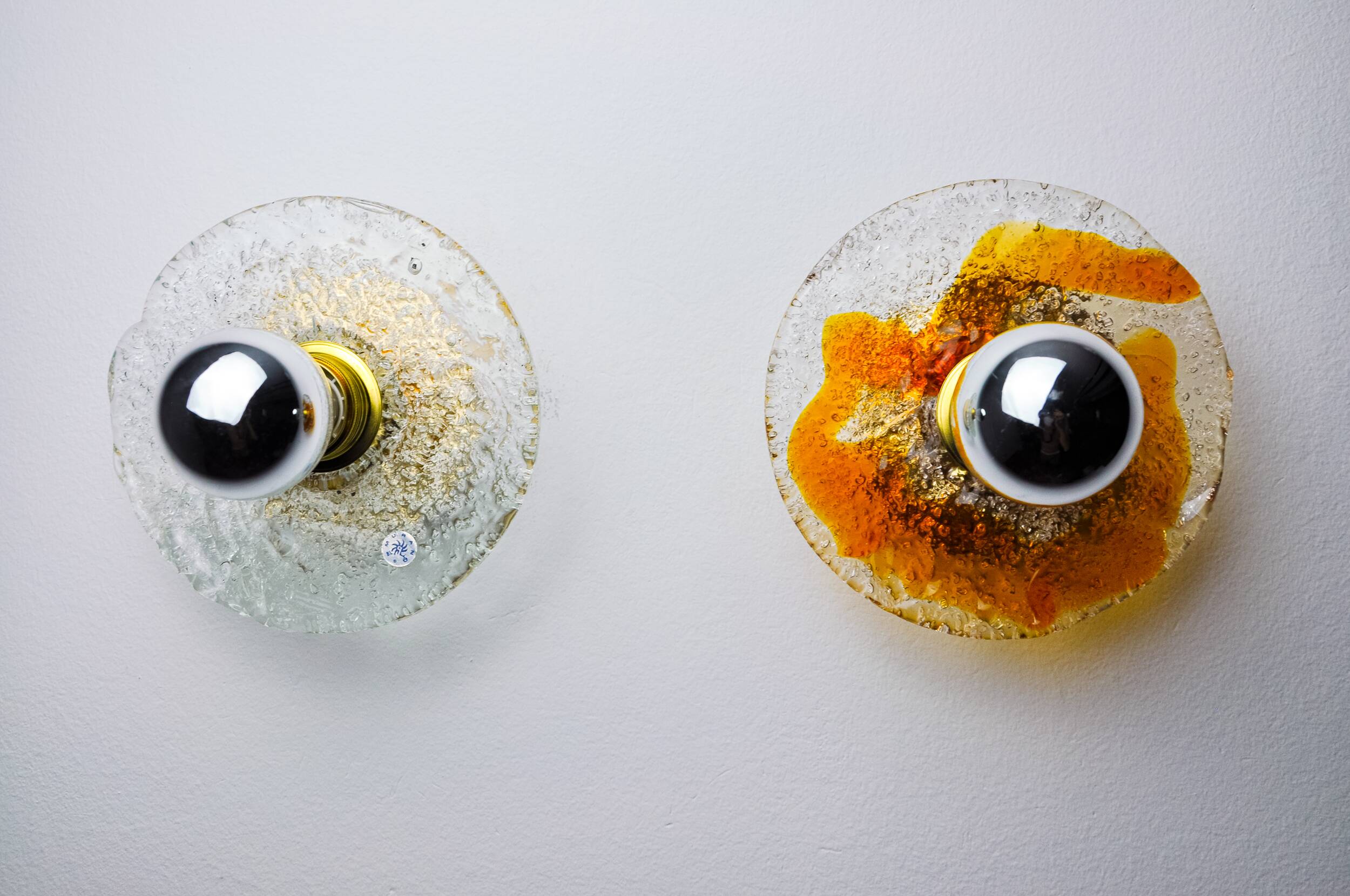 Pair of round wall lights by Murano Mazzega in frosted glass, Italy, 1970