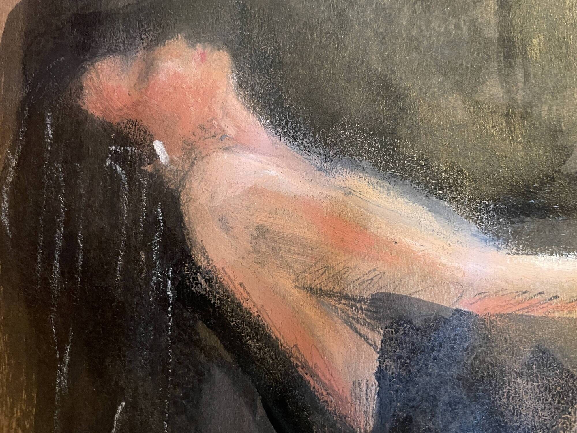 Signed painting, pastel, Chinese ink, portrait of a woman "black sun"