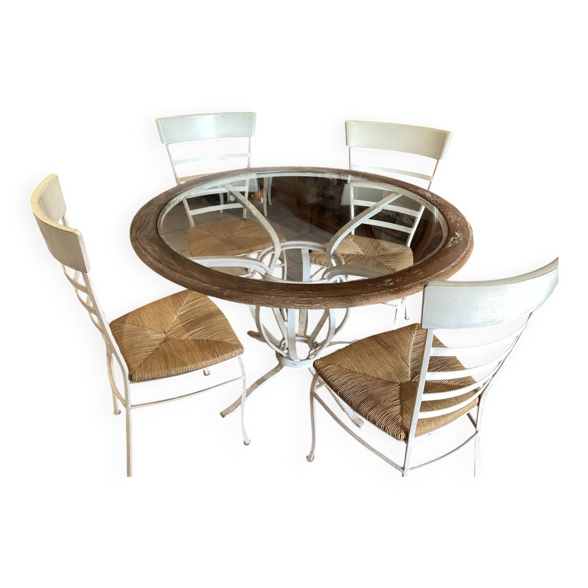 Round wrought iron table, wood & glass