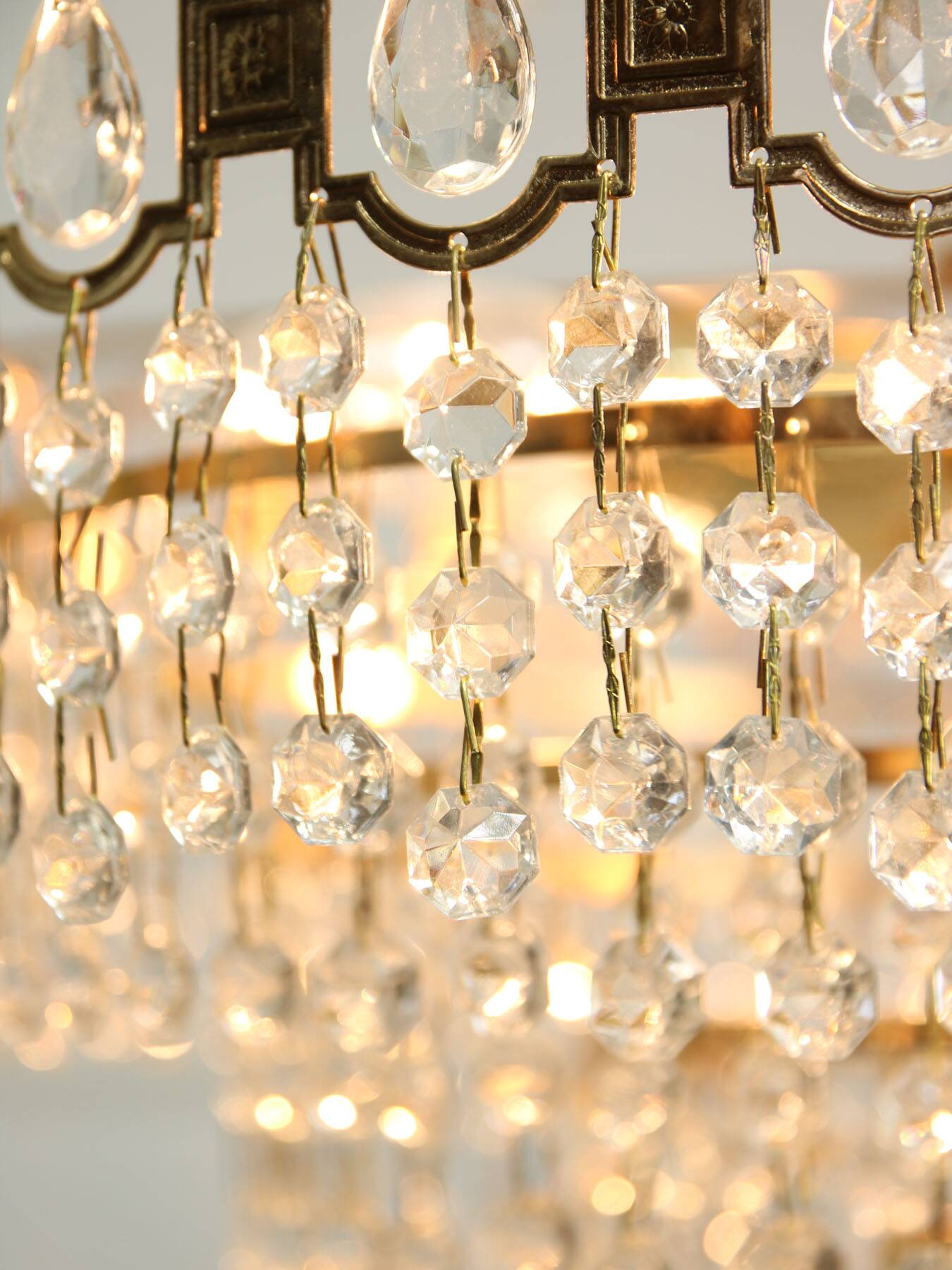 Vintage Italian Crystal and Golden Metal Chandelier, 80s