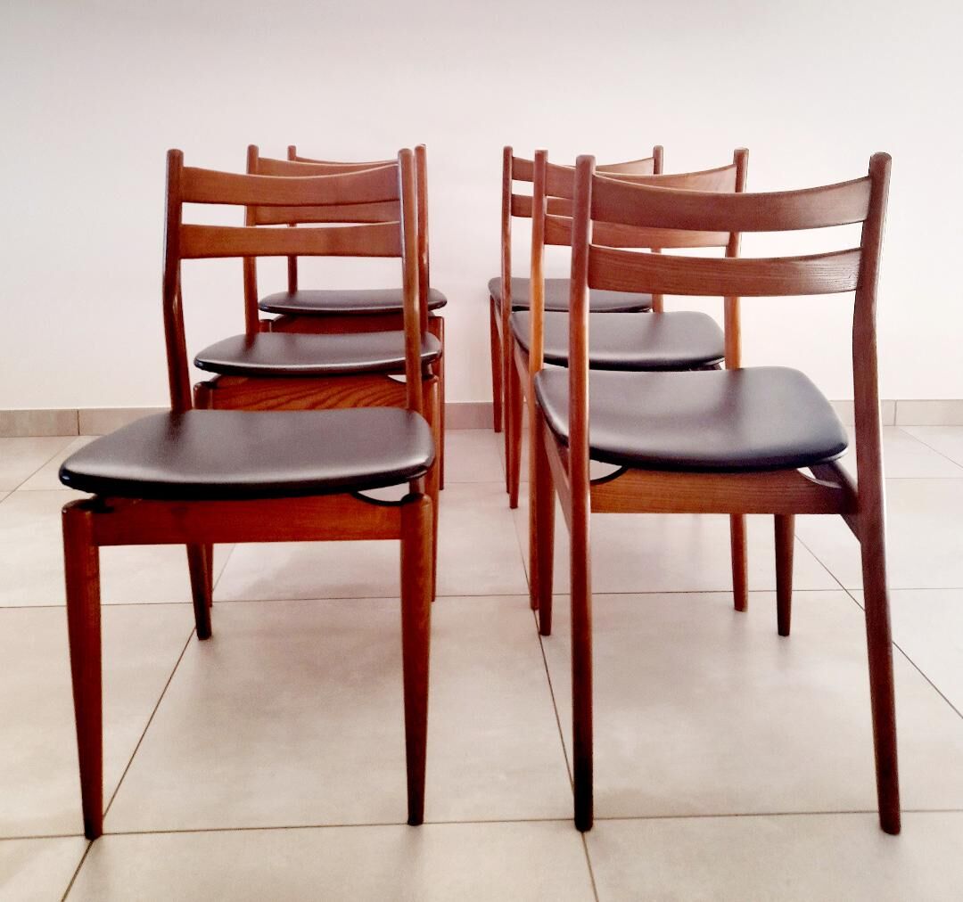 Suite of 6 chairs in beech and black skai