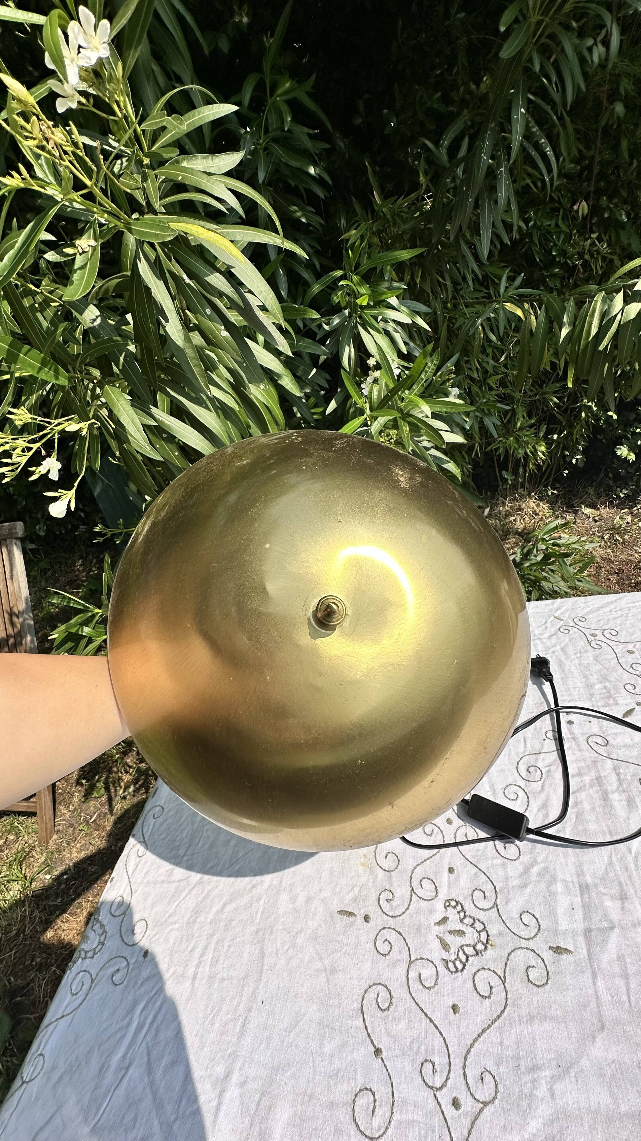 70s Large Vintage Mushroom Lamp - Glass & Gold Metal