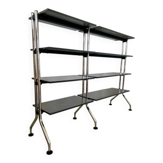 Large tubular bookcase shelves design from the 80s metal and wood vintage bauhaus style