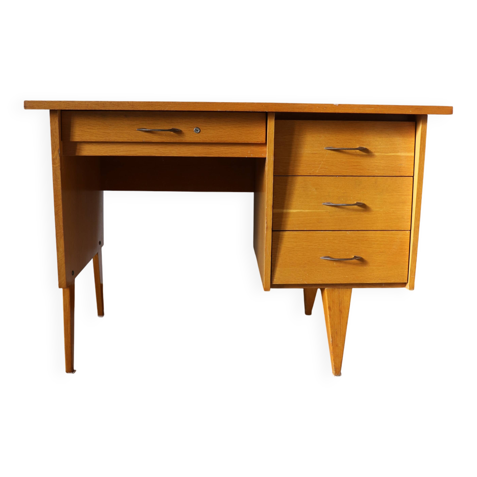 Oak desk, splayed legs, drawers, 1960.